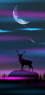 Majestic deer under a starry sky with a crescent moon.