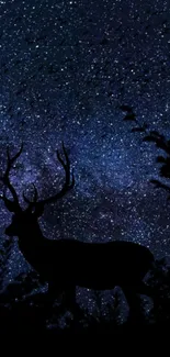 Silhouette of a deer under a starry midnight blue sky.