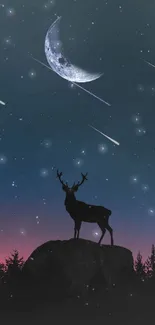 Starry night with crescent moon and deer silhouette in nature scene.