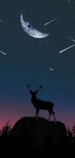 Night sky with deer silhouette and crescent moon.