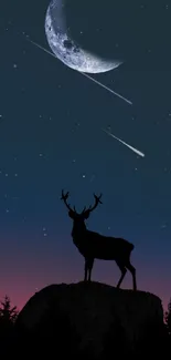 Silhouette of a deer against a starry night sky with a crescent moon and shooting stars.