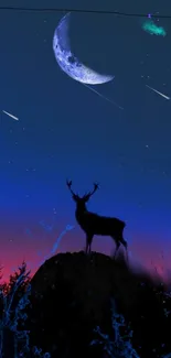 Starry night with deer silhouette and moon in a cosmic blue sky.