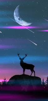 Deer silhouette under a crescent moon with a starry night sky.