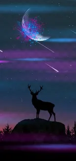 Night sky with deer and colorful crescent moon.