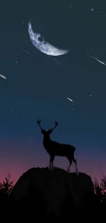 Starry night sky with deer silhouette and moon.