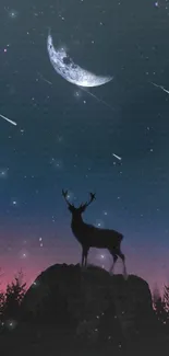 Silhouette of a deer with a starry night sky and crescent moon background.