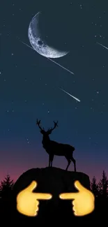 Majestic deer silhouette under moonlit night sky with shooting stars.