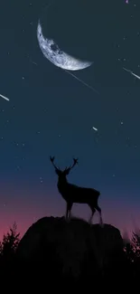 Silhouette of a deer under a starry night sky with a crescent moon.