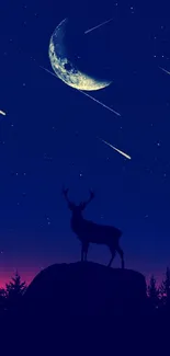 Starry night wallpaper with deer silhouette and crescent moon.