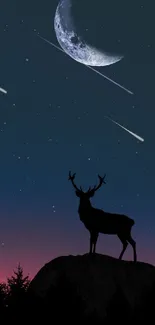 Deer silhouette against a starry night sky with a crescent moon.