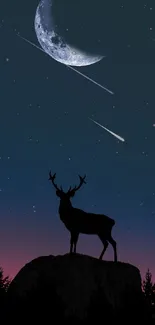 Silhouette of a deer under a starry night sky with a crescent moon.