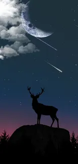 Silhouette of a deer under a crescent moon and starry sky with shooting stars.