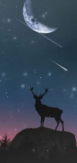 Majestic deer silhouette under starry night with crescent moon and shooting stars.