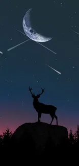 Silhouette of deer under a crescent moon and starry night sky with shooting stars.