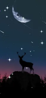 Silhouette of a deer under a starry sky with a crescent moon.