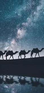 Silhouette of camels under a starry night sky in the desert landscape.