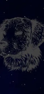 Dog silhouette under a starry sky in dark blue.