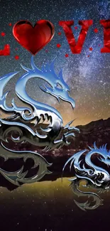 Fantasy dragon and love art under a starry night sky.