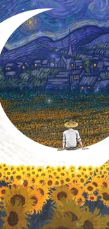 Artistic depiction of a crescent moon over a sunflower field under a starry night sky.