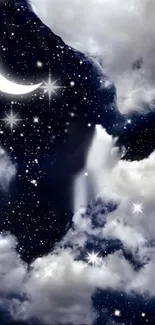 Night sky with crescent moon, stars, and clouds wallpaper.