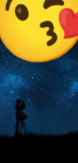 Romantic silhouette under starry sky with kissing emoji.