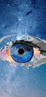 Surreal eye with galaxy design on a starry blue background.