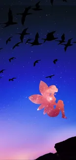 Fairy silhouette with birds in a starry night sky.