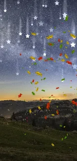 Starry night with falling leaves and mountains in the background.