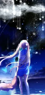 Fantasy wallpaper with starry sky and moonlit scene.