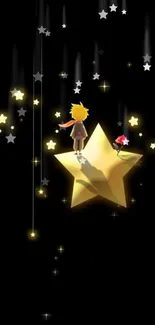 Whimsical character standing on a star in a starry black night sky.