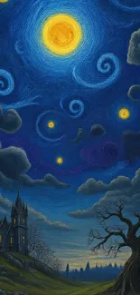 A fantasy starry night with glowing moon and mystical landscape art.