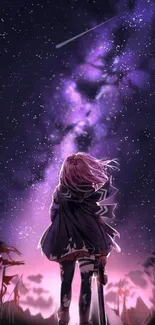 Anime character under starry purple night sky in fantasy art wallpaper.