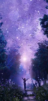 Fantasy wallpaper showing a starry night over a forest path.