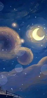 Starry night fantasy wallpaper with moon and swirling clouds.