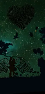 Angelic silhouettes under a starry night sky in a fantasy-themed wallpaper.