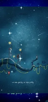 Starry night illustration with whimsical figures on a branch under a glowing sky.