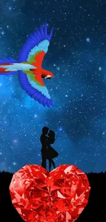 Starry night wallpaper with colorful parrot and romantic silhouette.