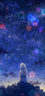 A lone figure gazes at a vibrant, star-filled night sky on a mobile wallpaper.