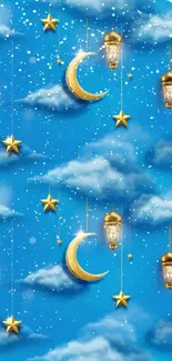 Blue wallpaper with golden stars, moons, and clouds.