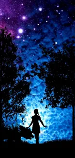 Silhouette of a girl with a wolf under a starry, mystical blue night sky.