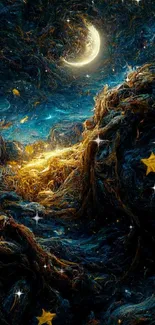 Starry night fantasy wallpaper with crescent moon and stars.