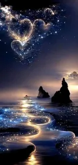 Enchanting night scene with glowing hearts and starry sky mobile wallpaper.