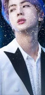 Fashionable portrait with starry background and white suit.