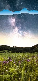 Vibrant field under a starry night sky with clouds in a mobile wallpaper.