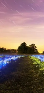 A starry night sky over a glowing field with vibrant colors and star trails.