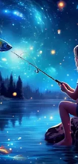 Girl fishing at night under a starry sky, with glowing fish and magical ambiance.