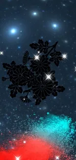 Starry night with black floral design on vibrant colors.