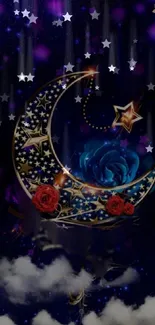 Crescent moon with stars and roses in a starry night sky.