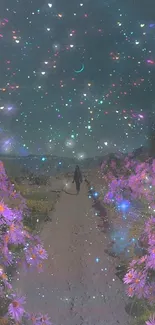 Magical starry night over a vibrant floral path wallpaper.