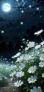 Daisies blooming under a starry night sky with a glowing moon.